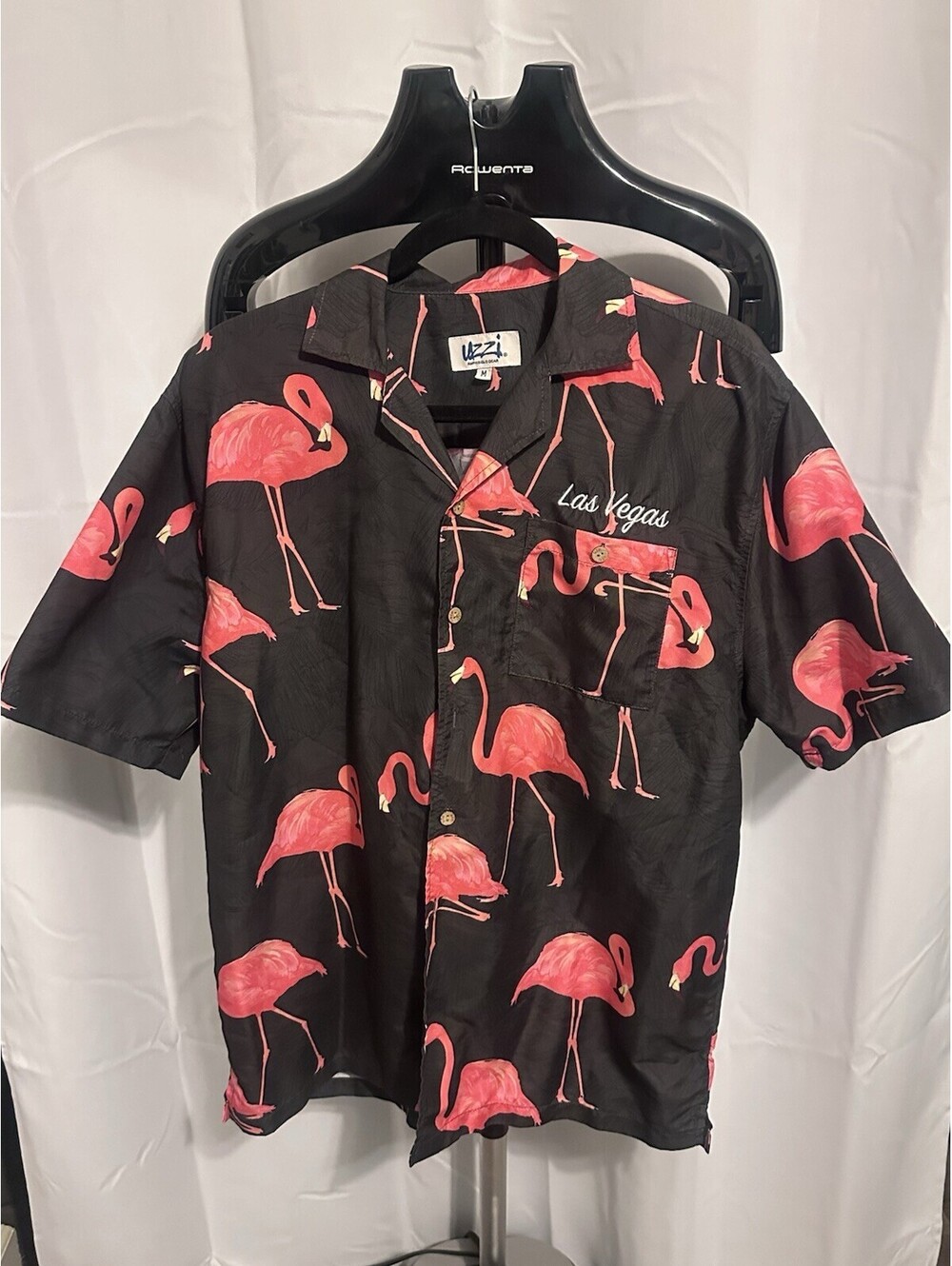 Uzzi Medium Amphibious Gear Hawaiian Aloha Shirt Pink Flamingos Black Floral VTG